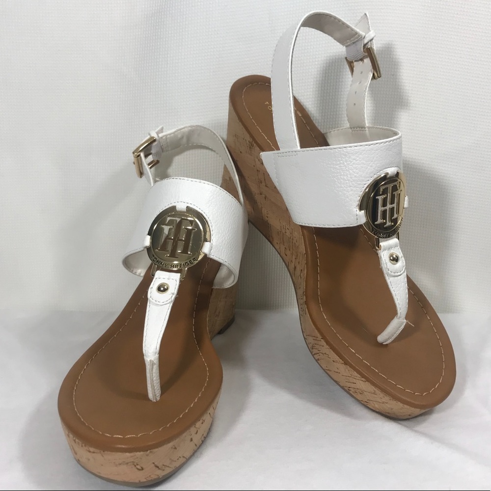 Tommy Hilfiger platform sandals white & gold sz 9M